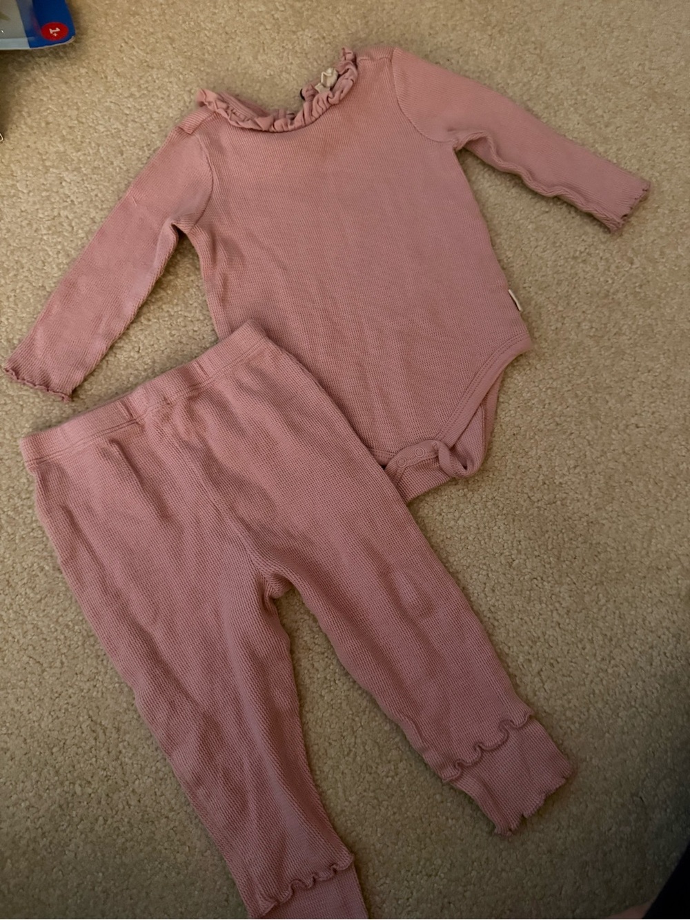 Burt's Bees Pink Ruffle Long-Sleeve Ribbed One-Piece with Pants
